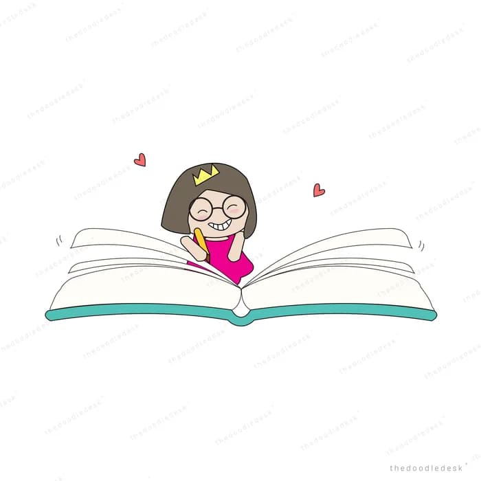 Girl in glasses lying on a giant open book