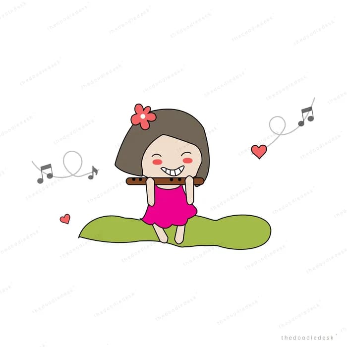 Girl sitting on grass singing with music notes
