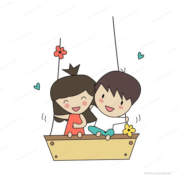 Two children sitting in a wooden swing basket
