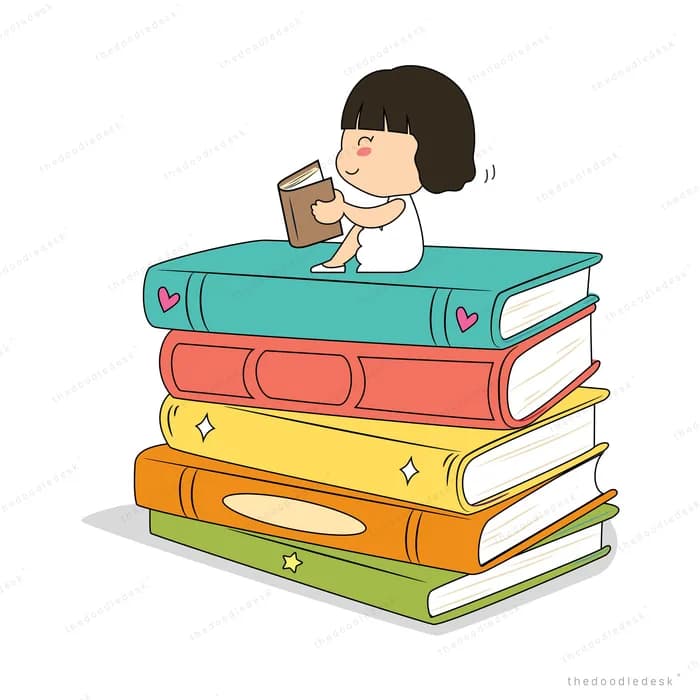 Girl reading on top of a tall stack of books