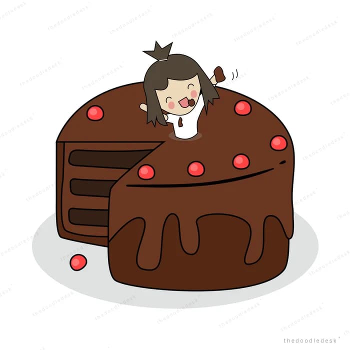 Girl peeking out of a large chocolate cake