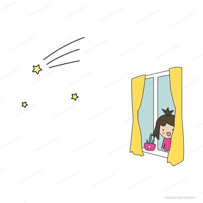Girl at a window watching a shooting star