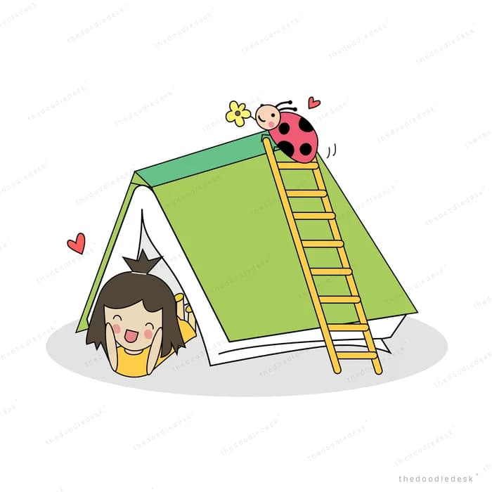 Girl peeking from a green tent with a ladder