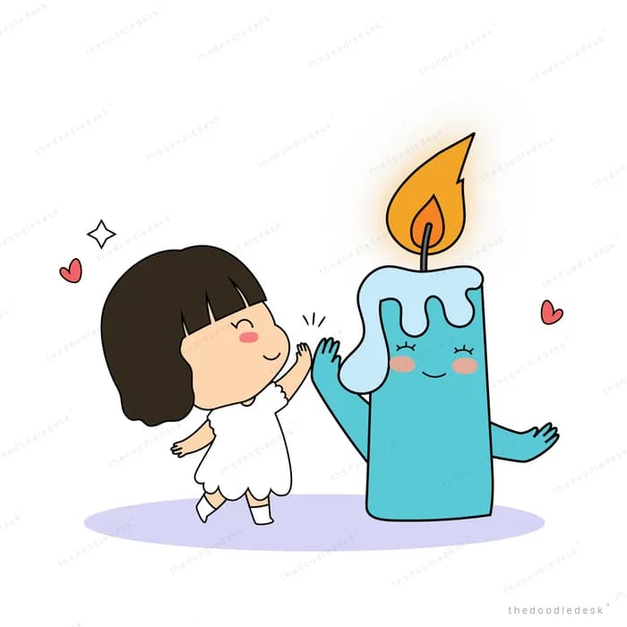Girl reaching toward a large lit candle
