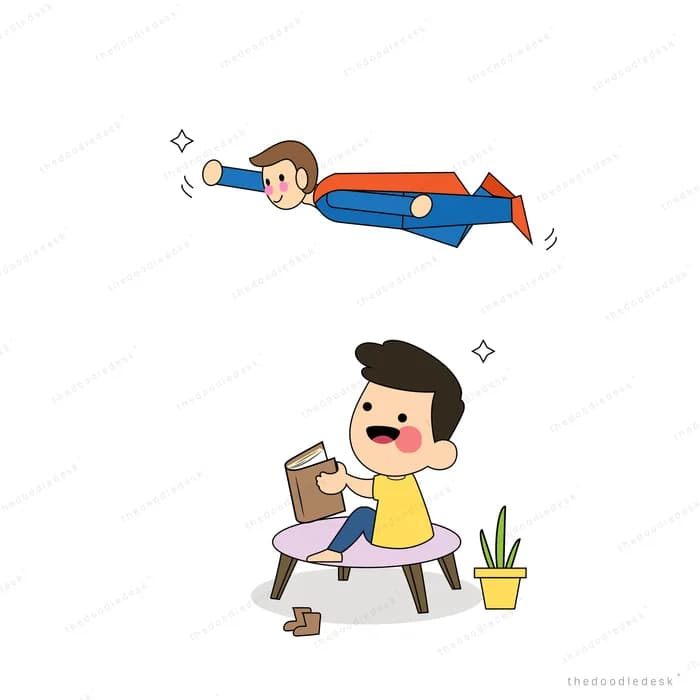 Man at a desk imagining himself as a flying superhero
