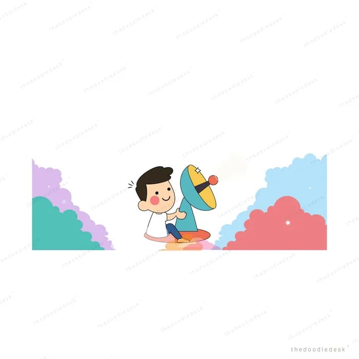 Boy holding a pinwheel against a pastel landscape
