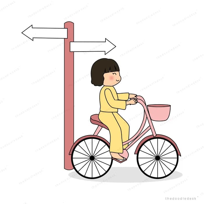 Girl cycling past a two-way direction sign