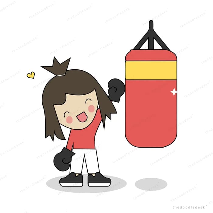 Girl in sportswear beside a red punching bag
