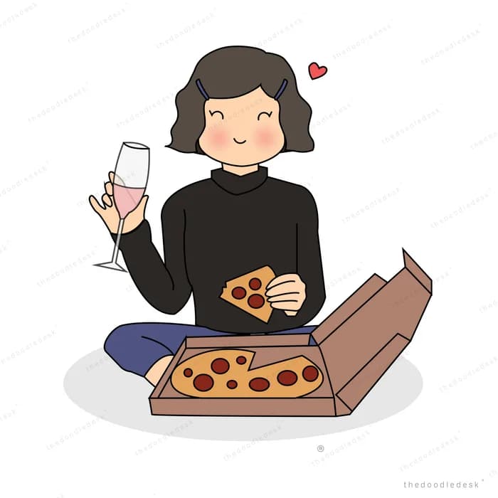 Woman with a drink beside an open pizza box