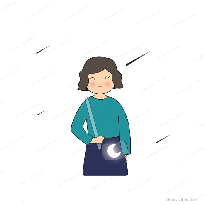 Woman holding a moon bag under falling dark streaks