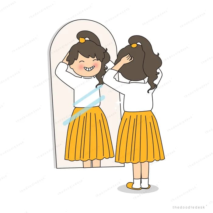 Woman doing another woman's hair before a mirror