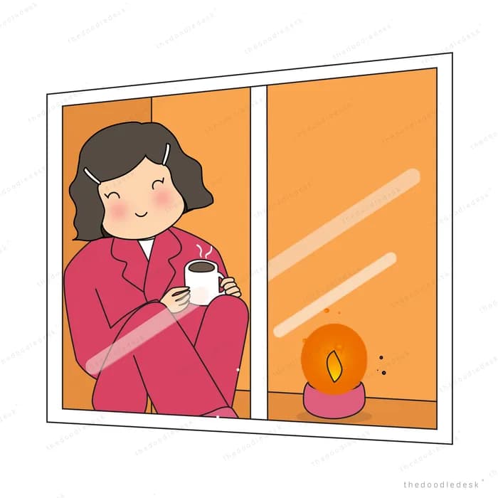 Woman with a mug at a window with a candle