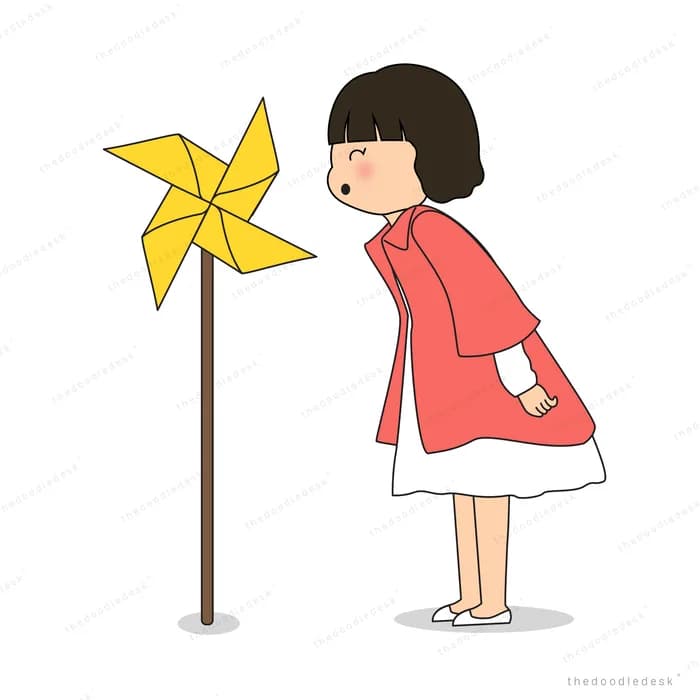 Girl standing beside a tall yellow pinwheel