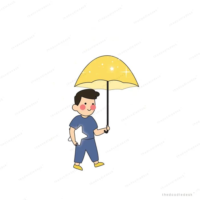 Boy walking with a yellow umbrella