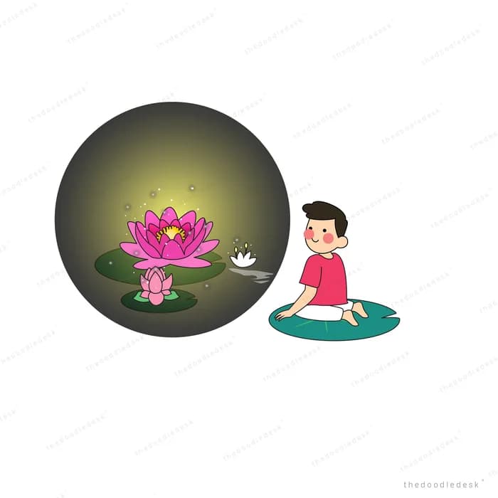 Children beside a dark orb with pink shapes inside
