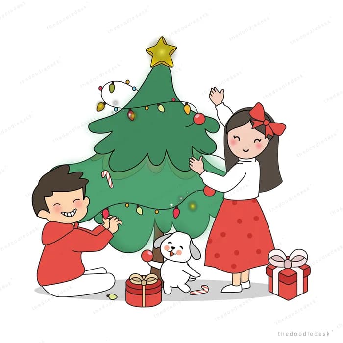Children decorating a Christmas tree with gifts