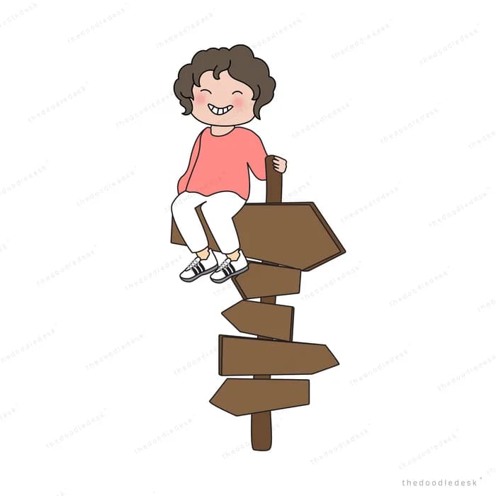 Woman perched on top of a wooden signpost