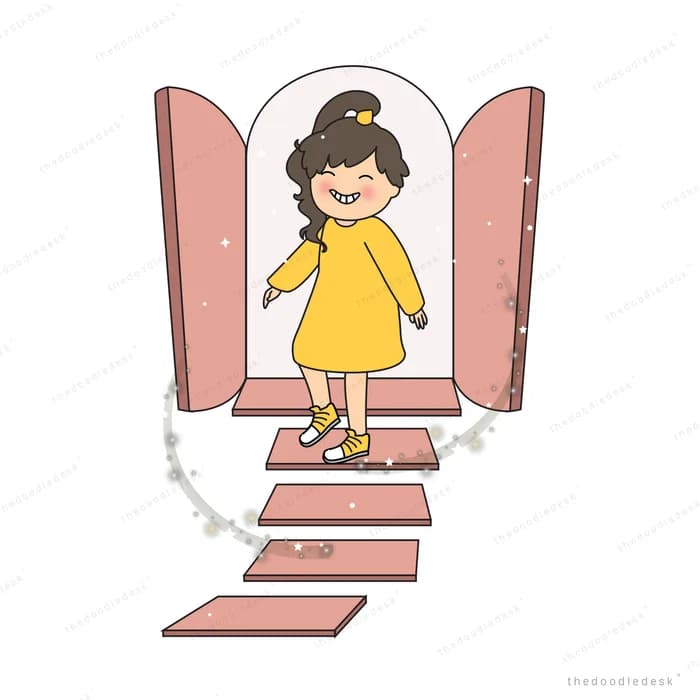 Girl standing in a pink doorway on steps