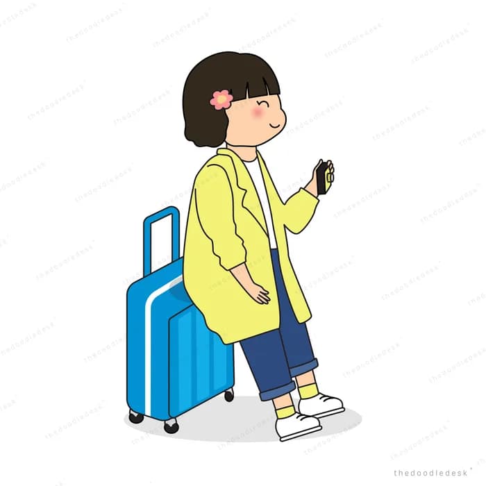Woman pulling a blue suitcase while on her phone