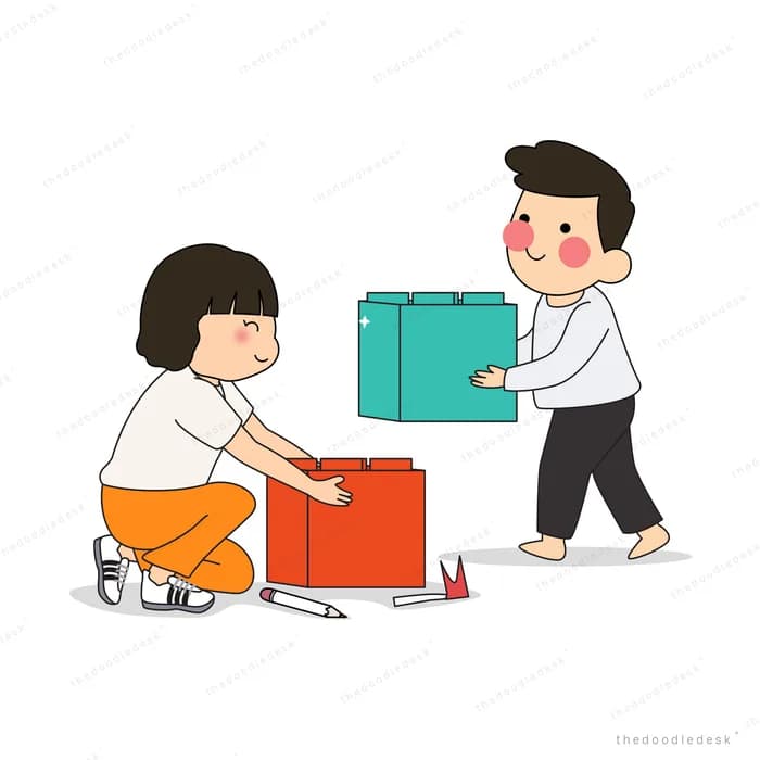 Two children packing gifts into boxes