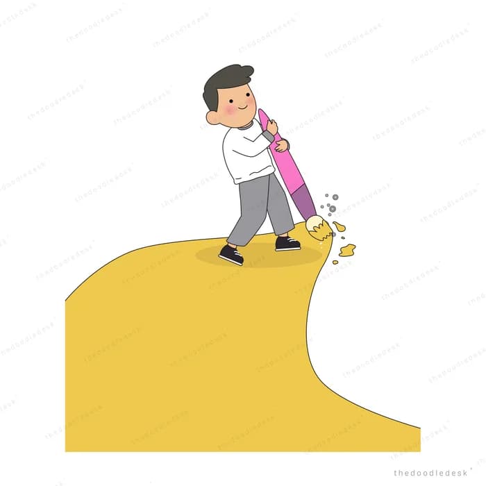 Man with a giant pencil standing on a yellow curve