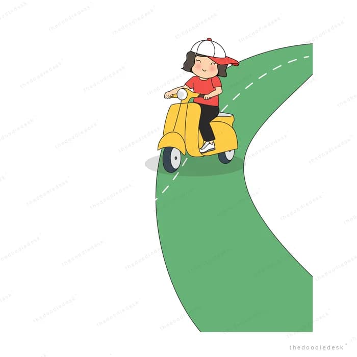 Girl riding a scooter along a curving green road