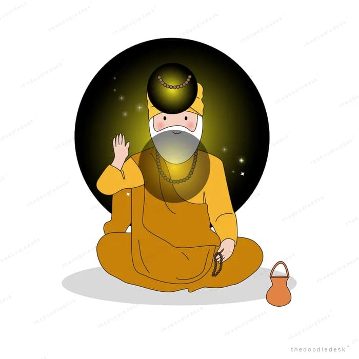 Seated monk in orange robes before a golden orb