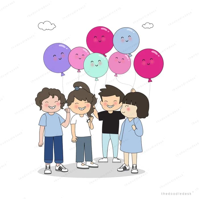 Group of children beneath balloons with faces