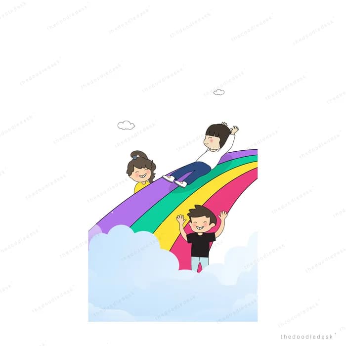Children sliding down a rainbow from a cloud