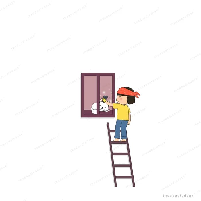 Boy climbing a ladder to a small window
