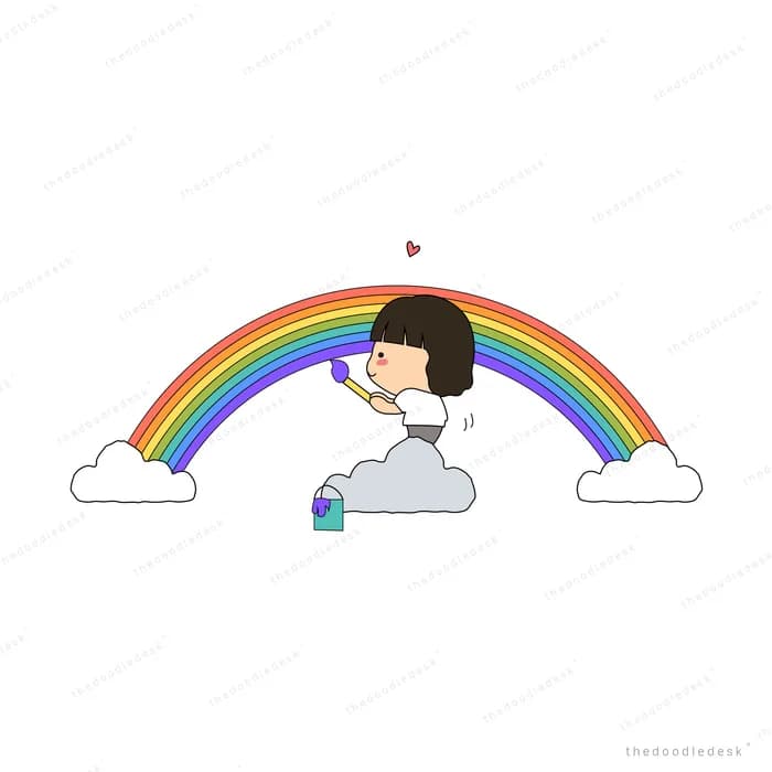 Girl lying on top of a rainbow between clouds