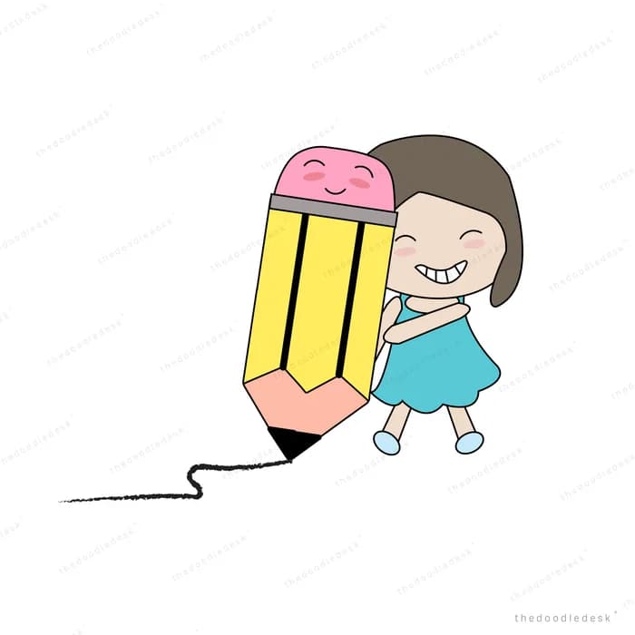 Girl leaning on a giant pencil drawing a line