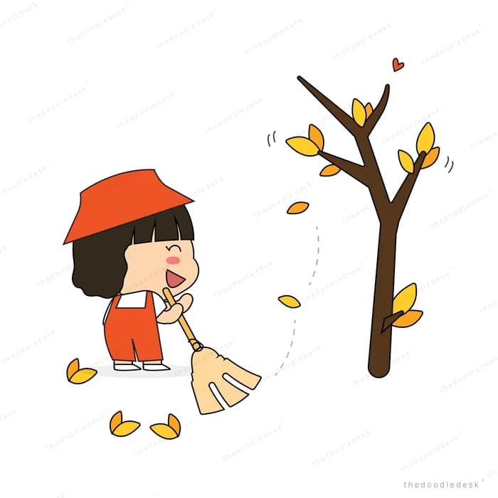 Girl sweeping leaves under an autumn tree