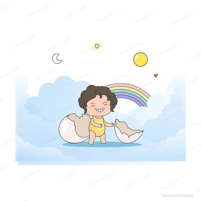 Girl floating in a swim ring under a rainbow