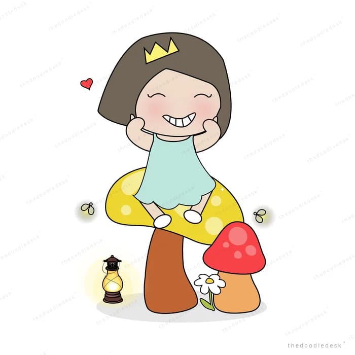 Girl sitting among large red toadstools