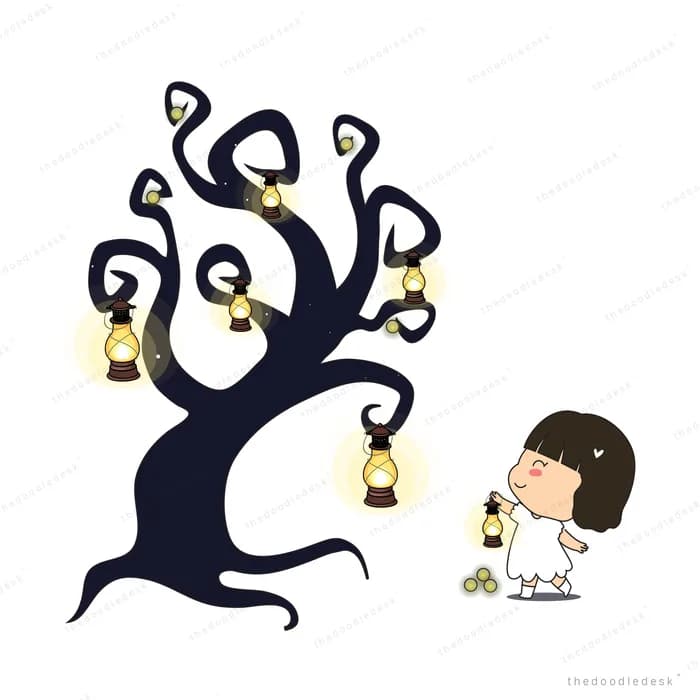 Girl beside a dark tree hung with glowing lanterns
