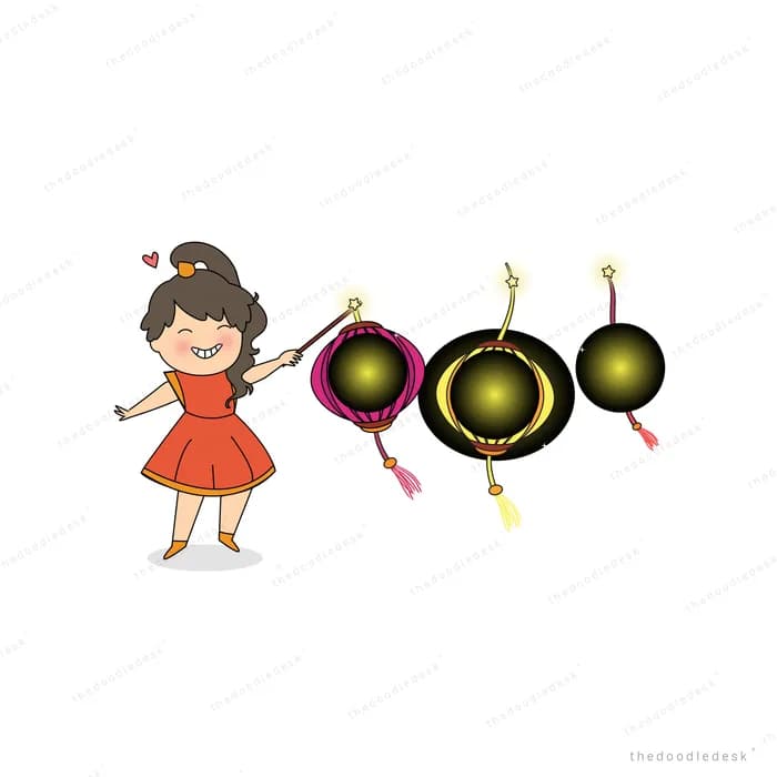 Girl in orange holding festive lanterns on poles