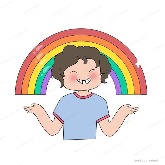 Boy shrugging beneath a bright rainbow