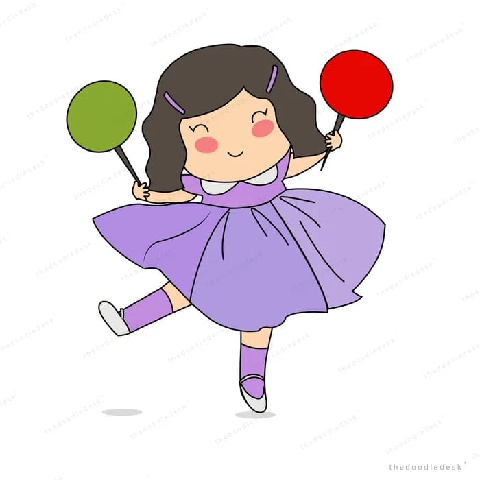 Girl in a purple dress holding two balloons