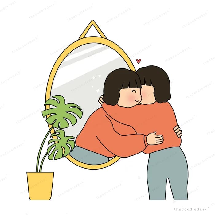 Couple embracing beside a mirror and plant