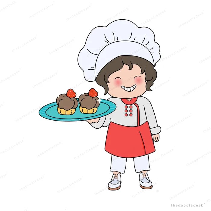 Girl in a chef hat carrying a tray of cupcakes