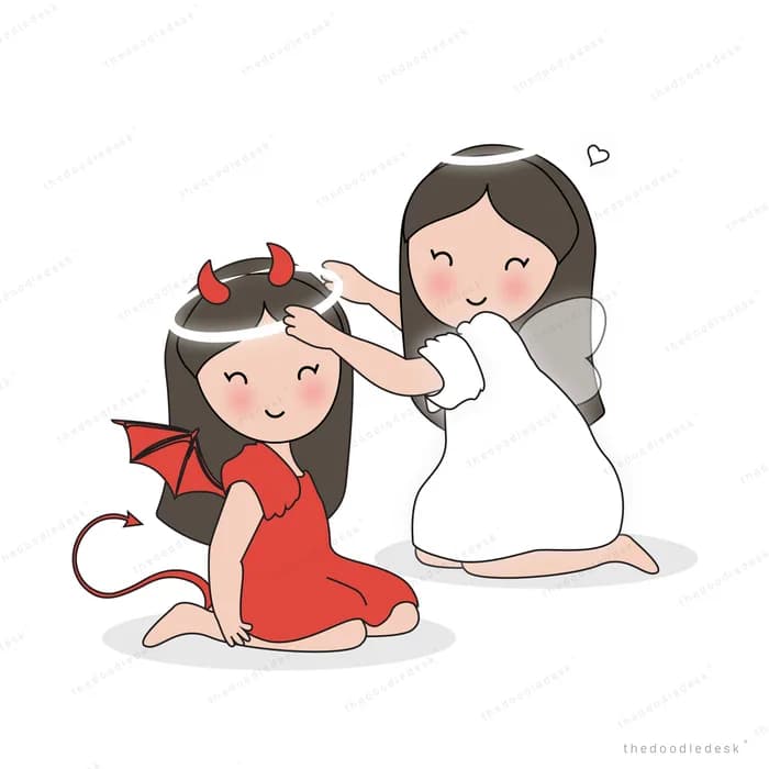 Girl in a red devil costume beside a girl in white