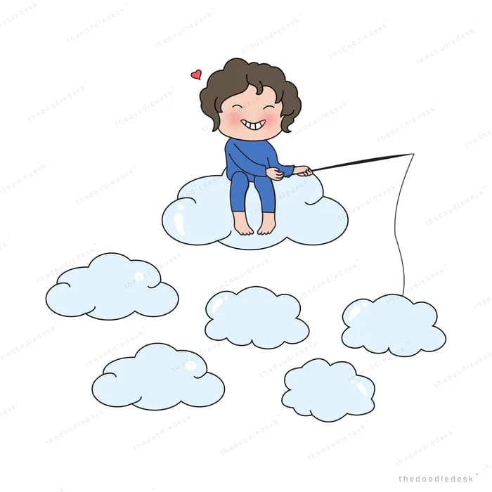 Boy fishing while sitting on a cloud