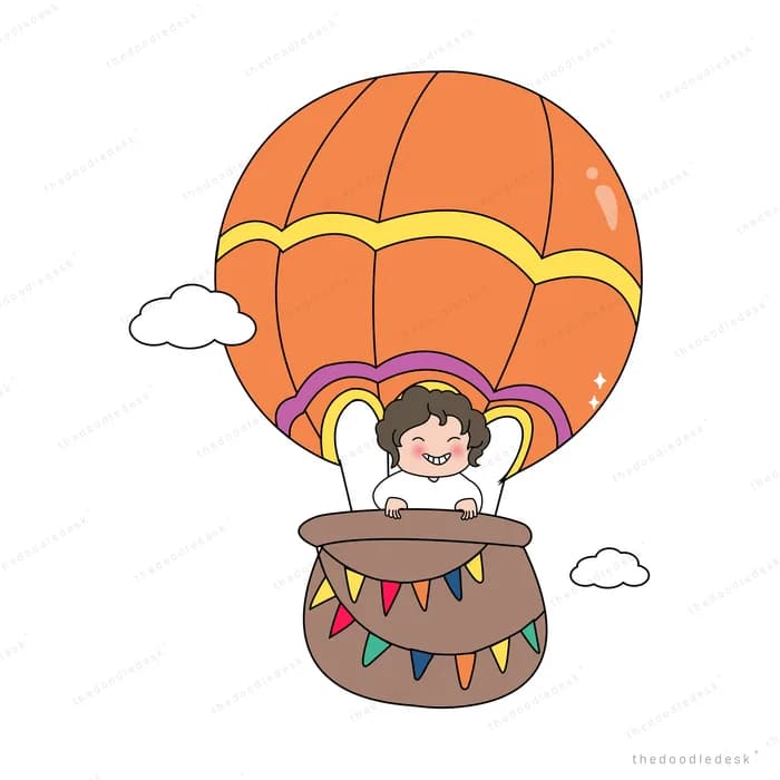 Children riding in an orange hot air balloon