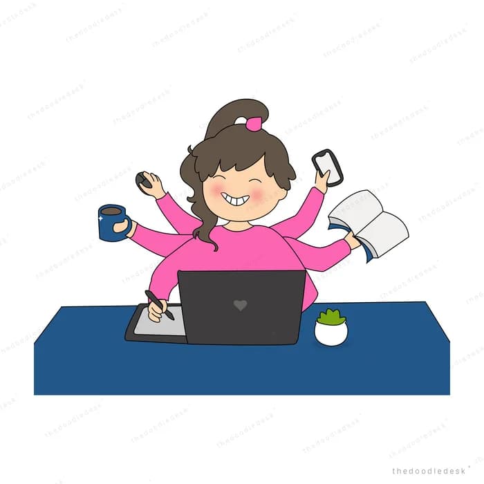 Many-armed woman juggling laptop, phone and chores