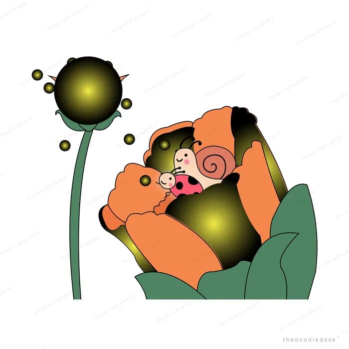 Girl nestled inside a large orange bloom with orbs