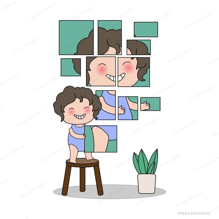 Boy assembling a wall of family photo tiles