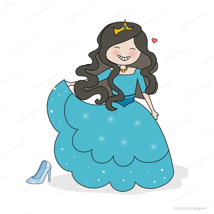 Woman in a blue ballgown beside a glass slipper