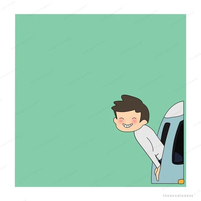 Boy peeking around the side of a white car