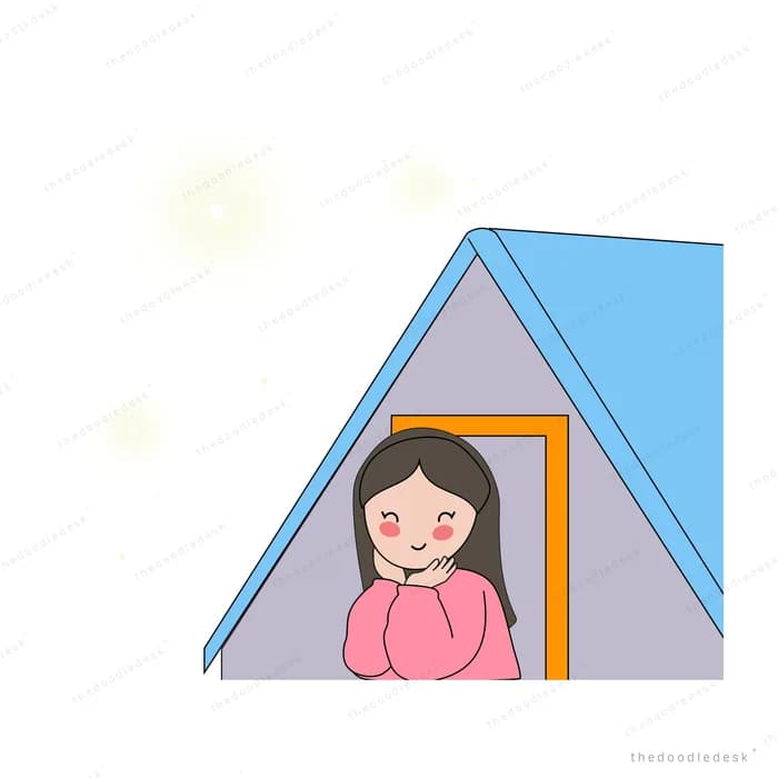 Girl sitting inside a blue camping tent